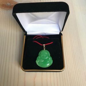 Green Jade Laughing Buddha 14K Gold Pendant